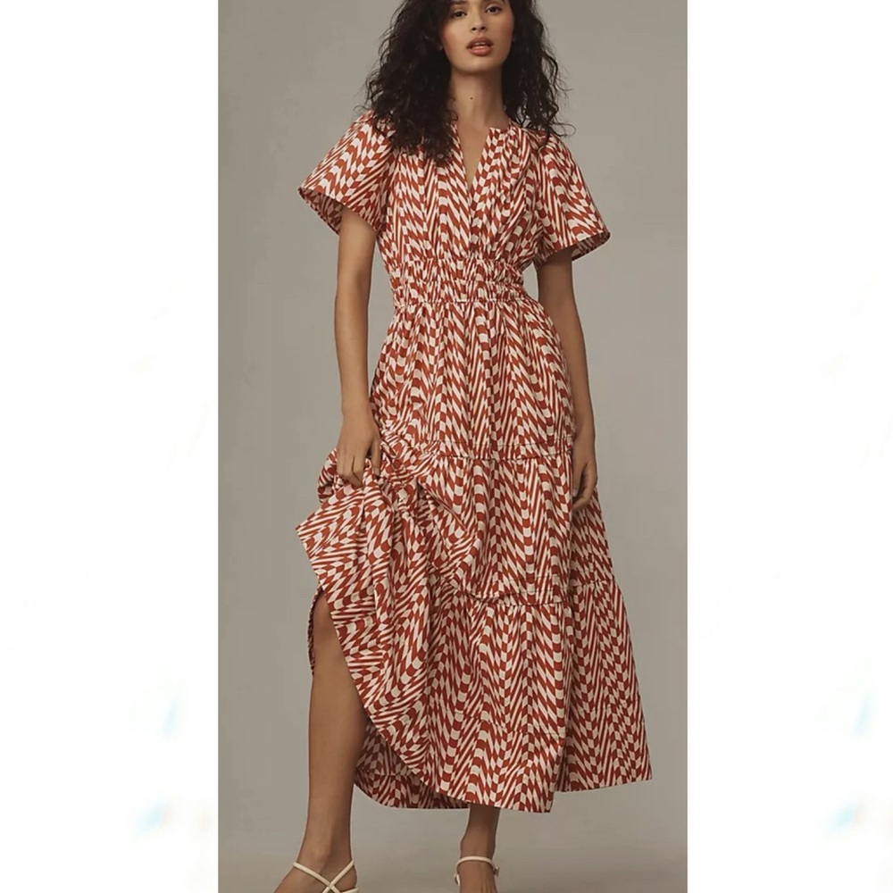 Anthropologie Somerset Red and Cream Patterned Maxi Dress